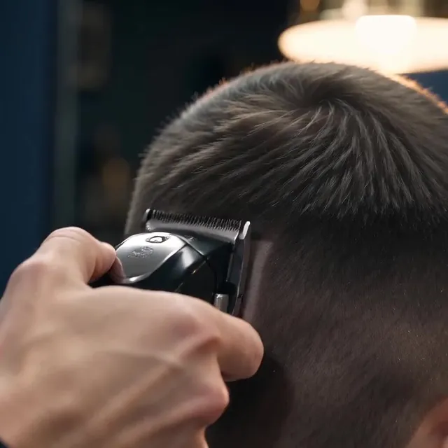 Barber blending a skin fade with clippers