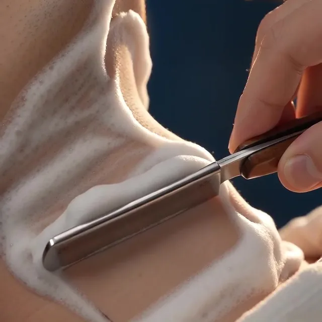 Straight razor lining up a neckline through shaving foam