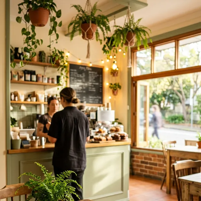 Sunny cafe interior with hanging plants and a sage-green counter