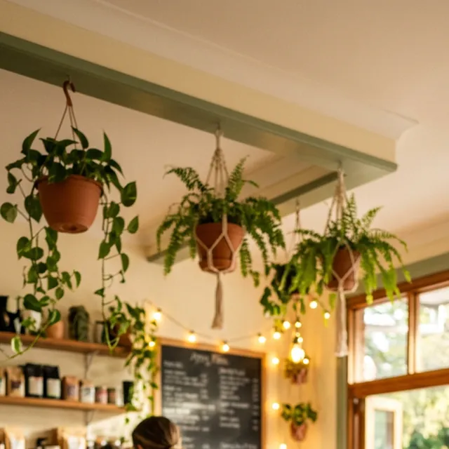 Hanging ferns in terracotta pots above the cafe counter