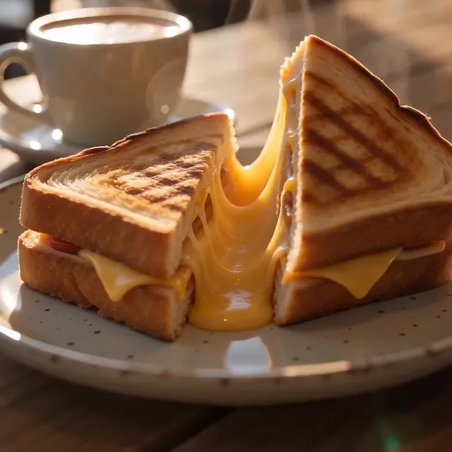 A golden toastie cut in half with melted cheese, beside a cup of coffee on a timber table