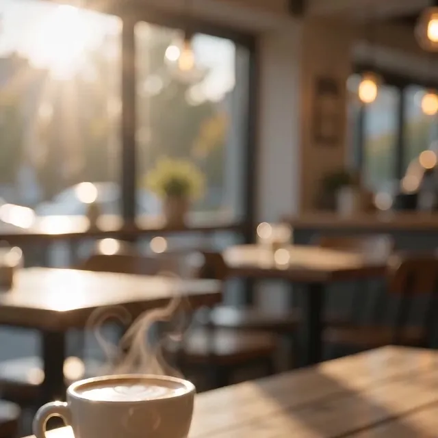 Morning light through the cafe's front windows over empty tables