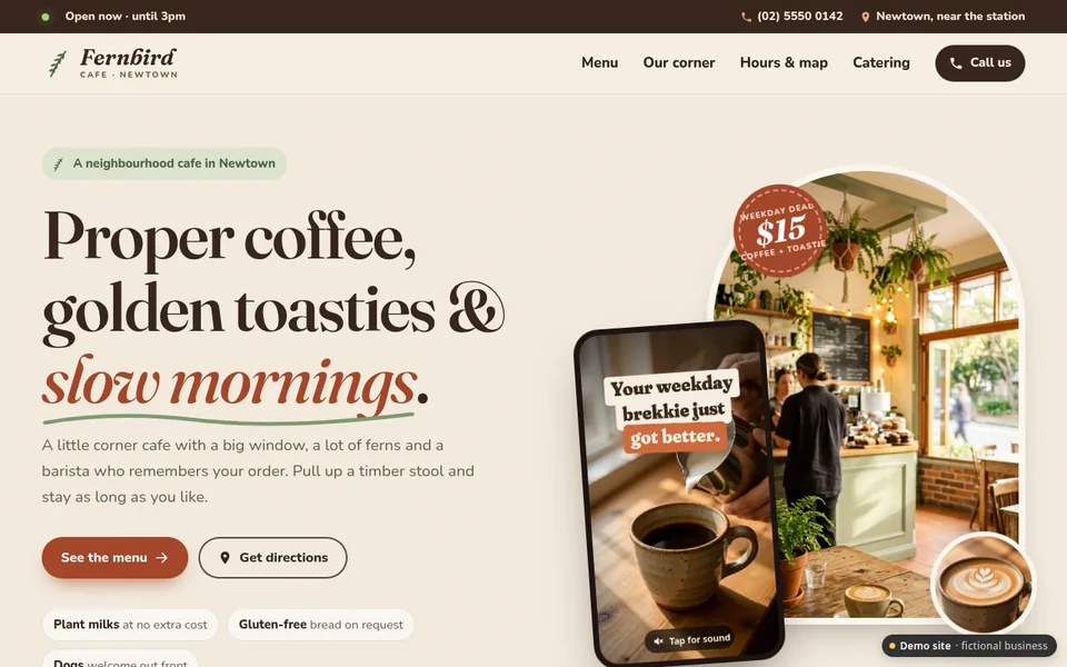 Fernbird Cafe demo website: warm cream and terracotta design with an arched cafe photo and coffee promo video